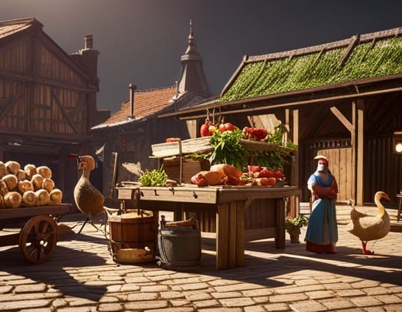 Medieval Country Market with Ducks in 3D Style