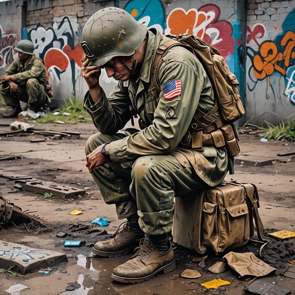 WWII Soldier's Despair: Graffiti Art Battlefield