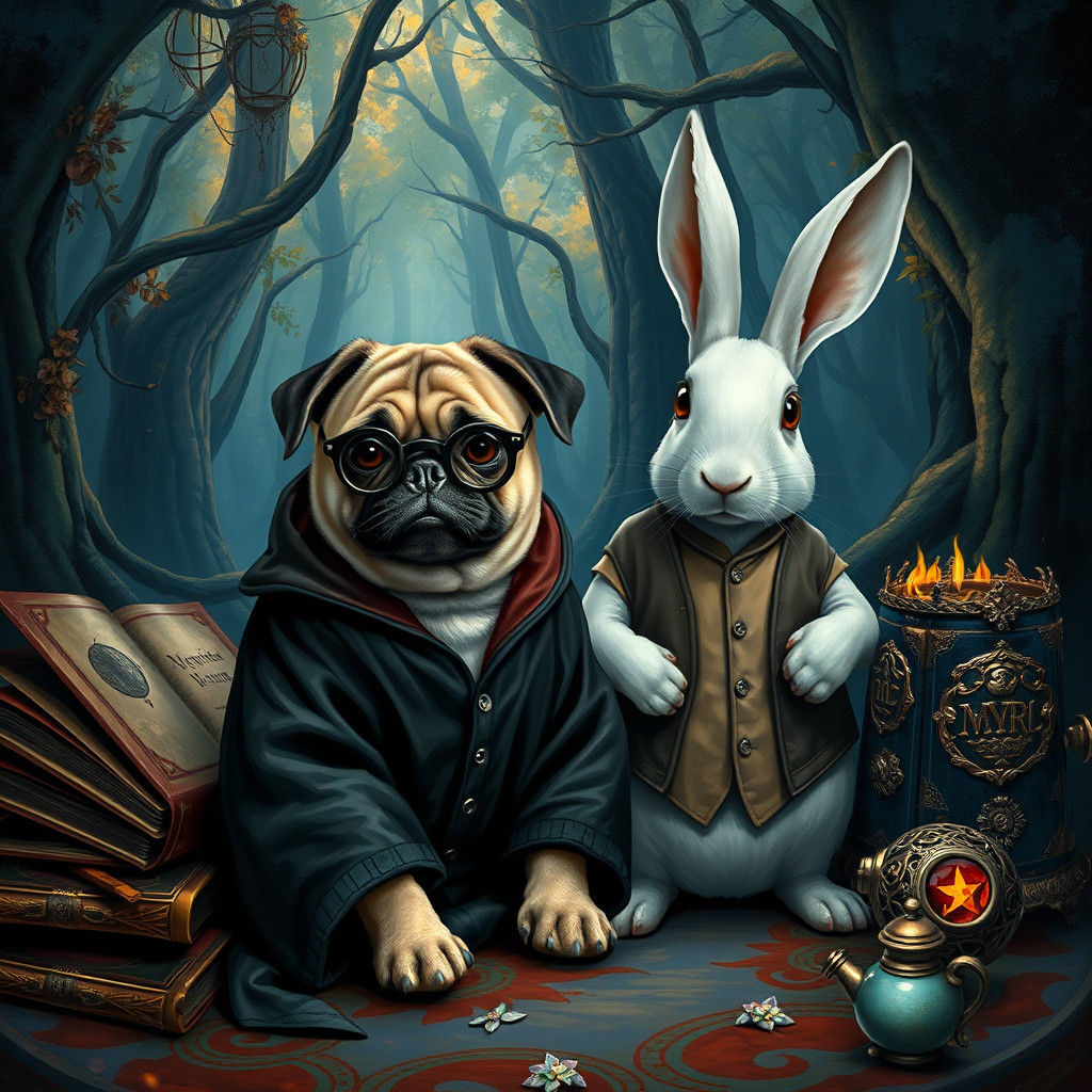 Pug as Wizard with Rabbit in Fantasy Forest