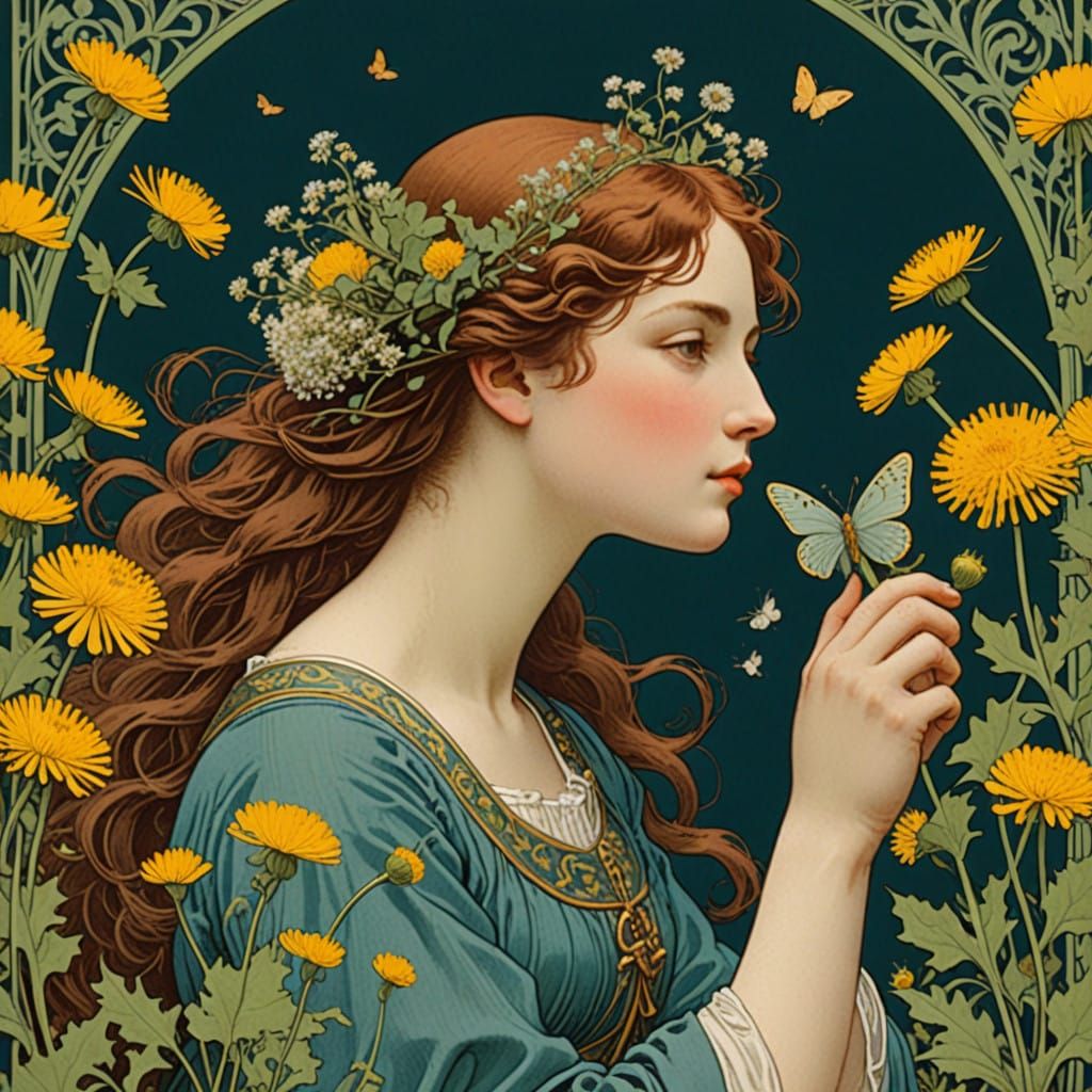 French Nymph Blows on Dandelion, Inspired by Eugène Grasset