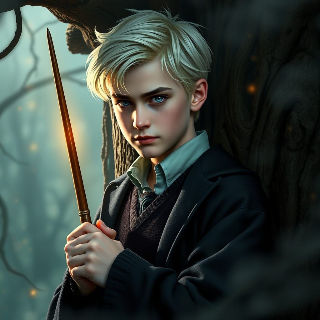 Mysterious Young Wizard Leans Against a Gnarled Tree