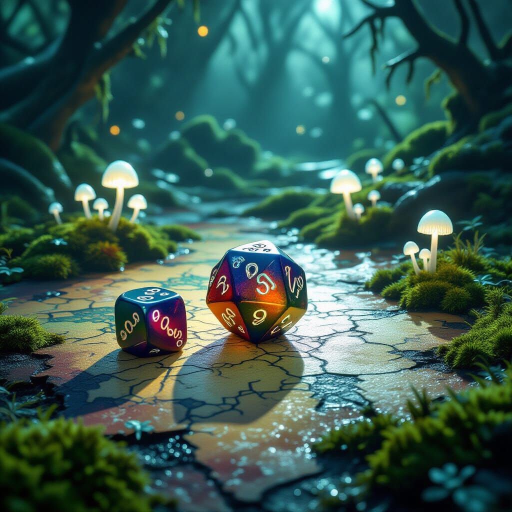 Luminous DND Dice on Fantasy Map in Hyperrealistic Style