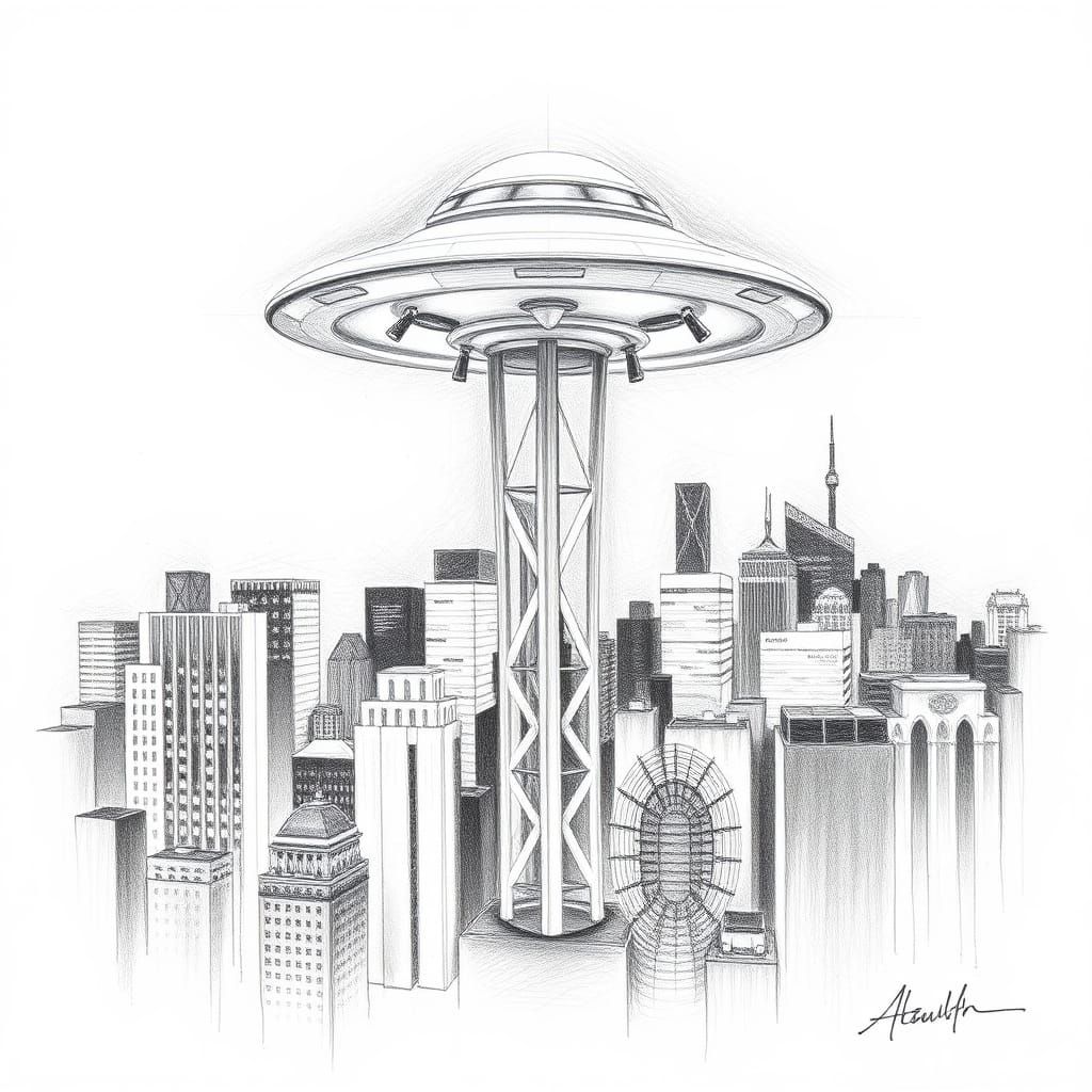 Retro UFO over Modern New York in Pencil