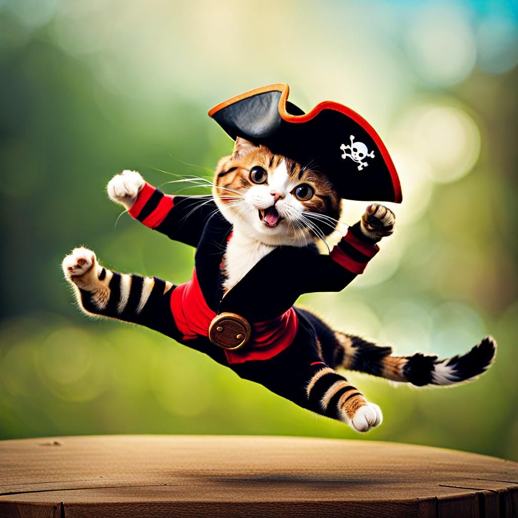 Pirate cat doing a cartwheel