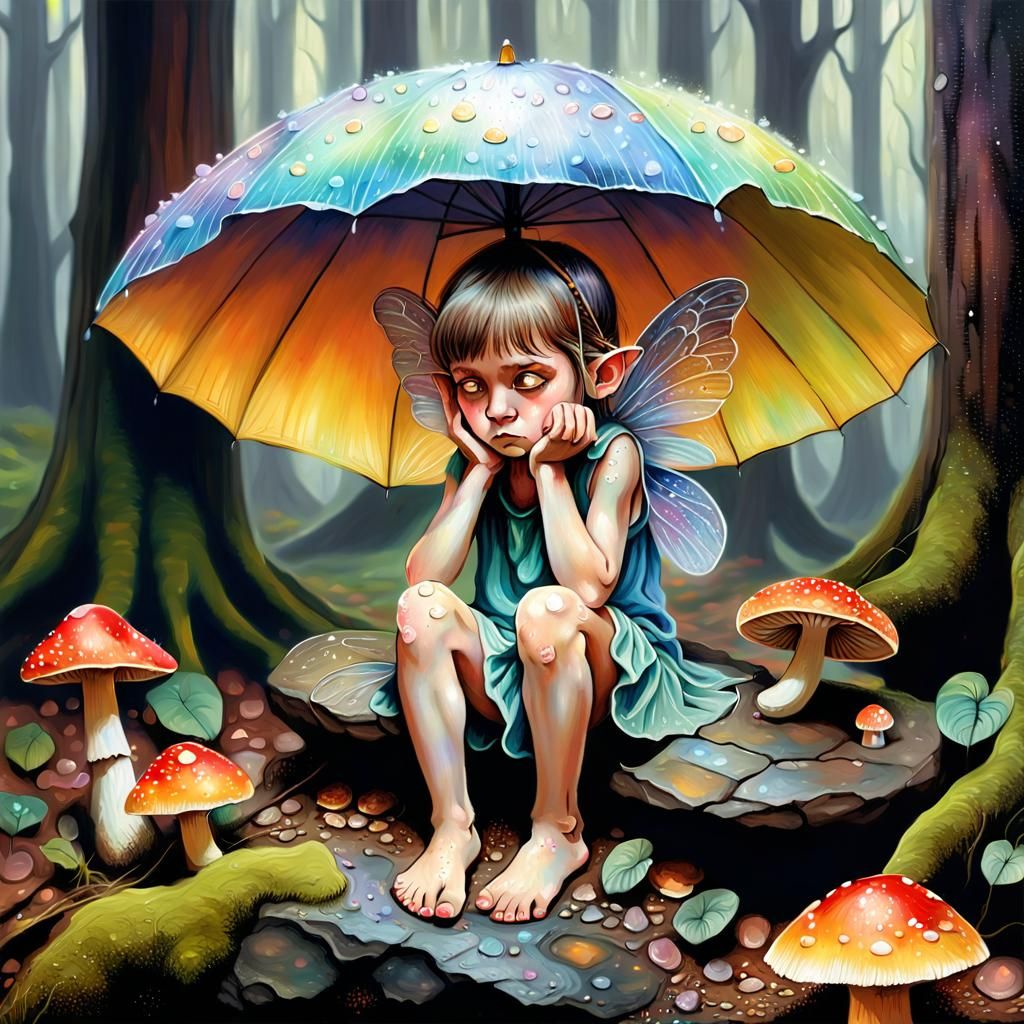 Sad Fairy Sheltering from Rain, Oil Painting