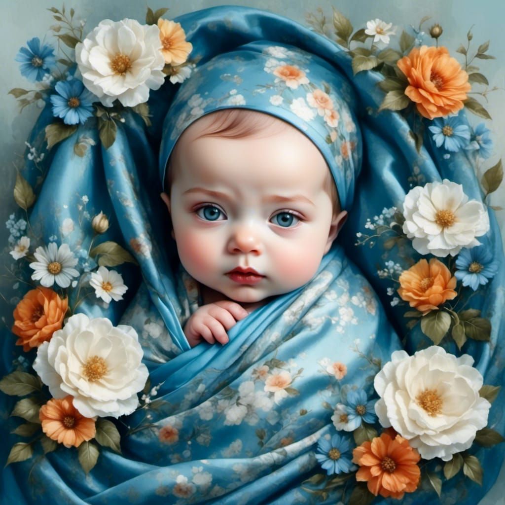 Cute Baby Boy in Watercolor Style with Flowers