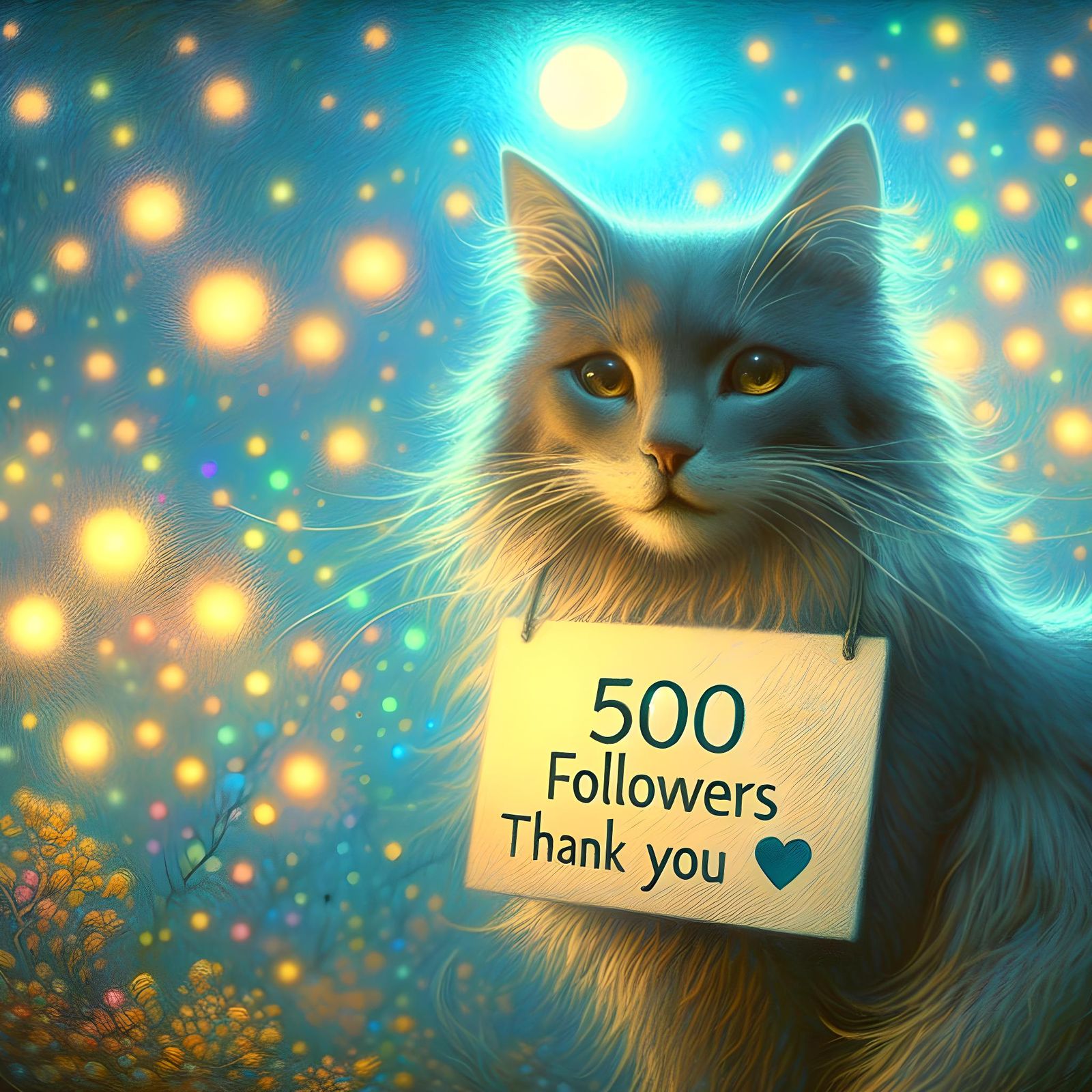 Serene Cat's Gratitude: 500 Followers, Aetherpunk Art