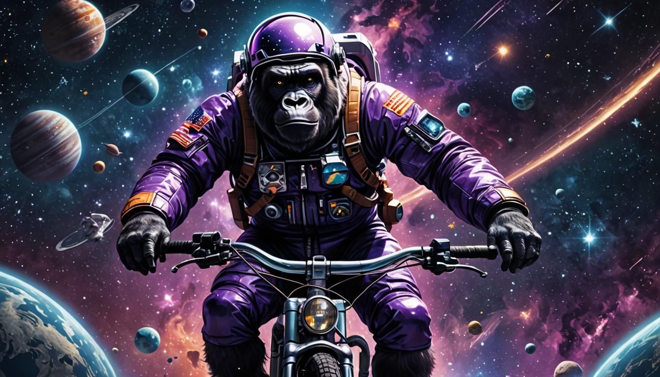 Gorilla Astronaut Biking in Space: Retro-Futuristic Art