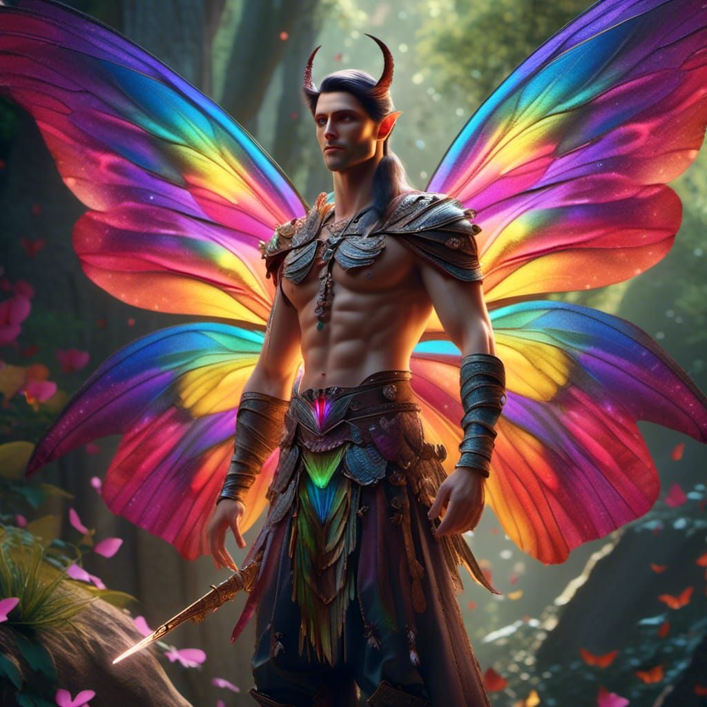 Fairy Warrior with Rainbow Wings, Detailed Digital Art