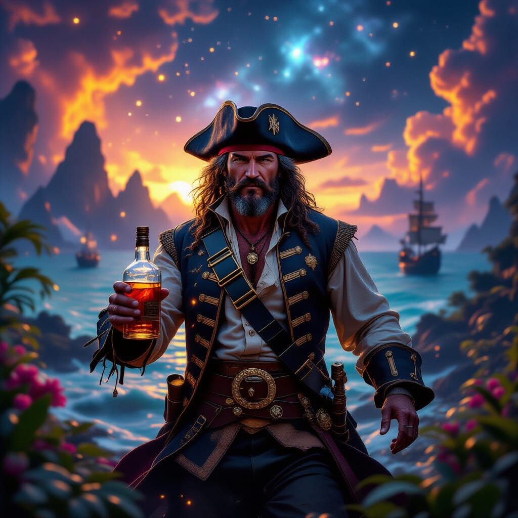 Photorealistic Captain Morgan in Cosmic Rum Landscape