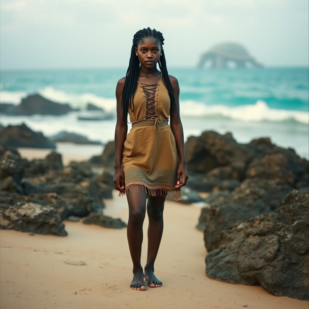Black Woman and Giant Turtle on Mystic Beach