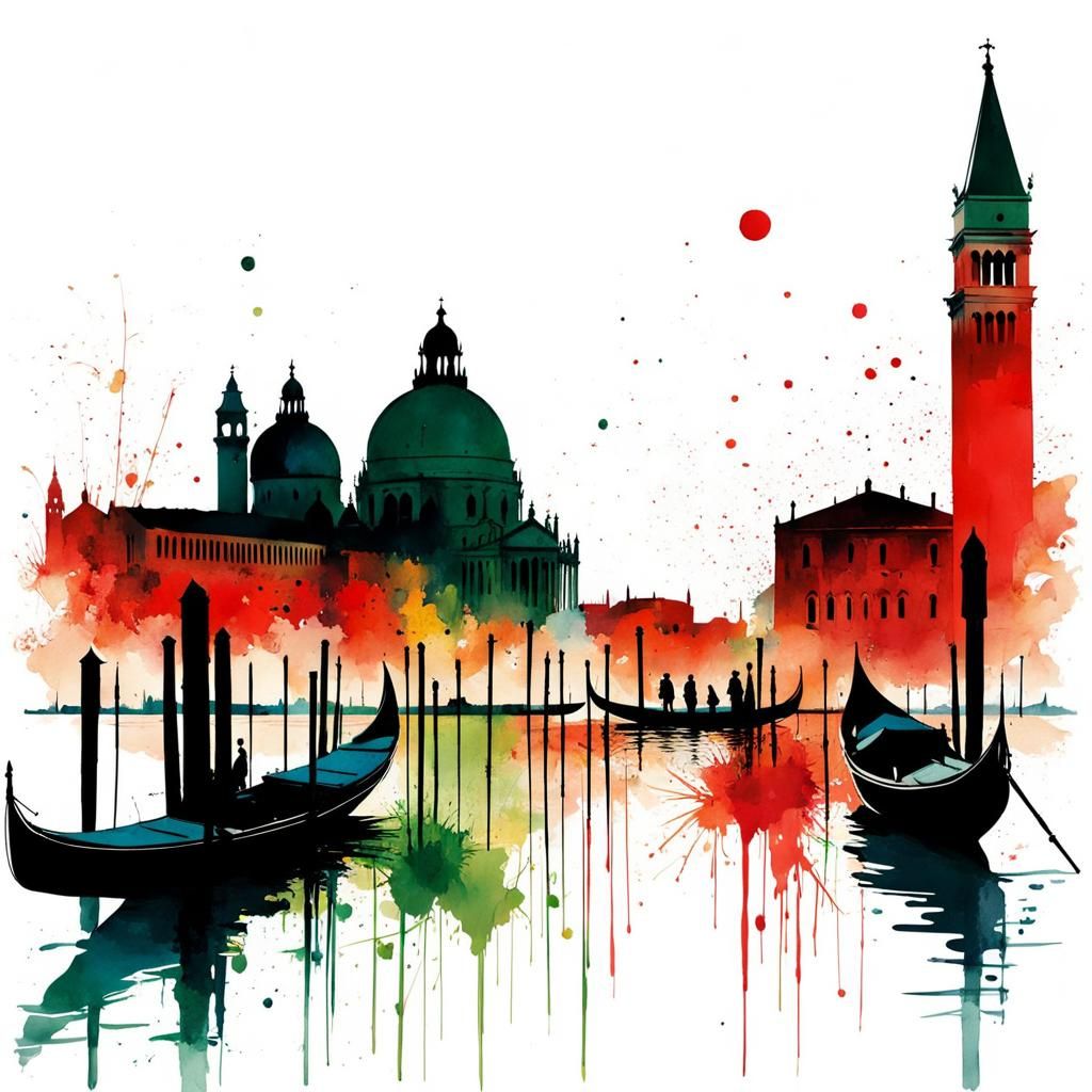 Venice Landmarks in Watercolor Splash Art
