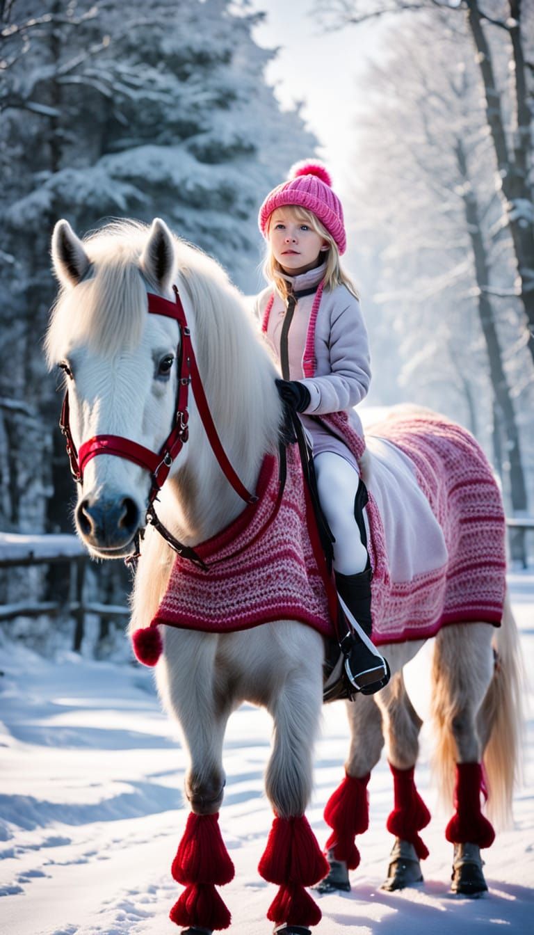 Girl and Shetland Pony Walk on a Frosty Winter Path