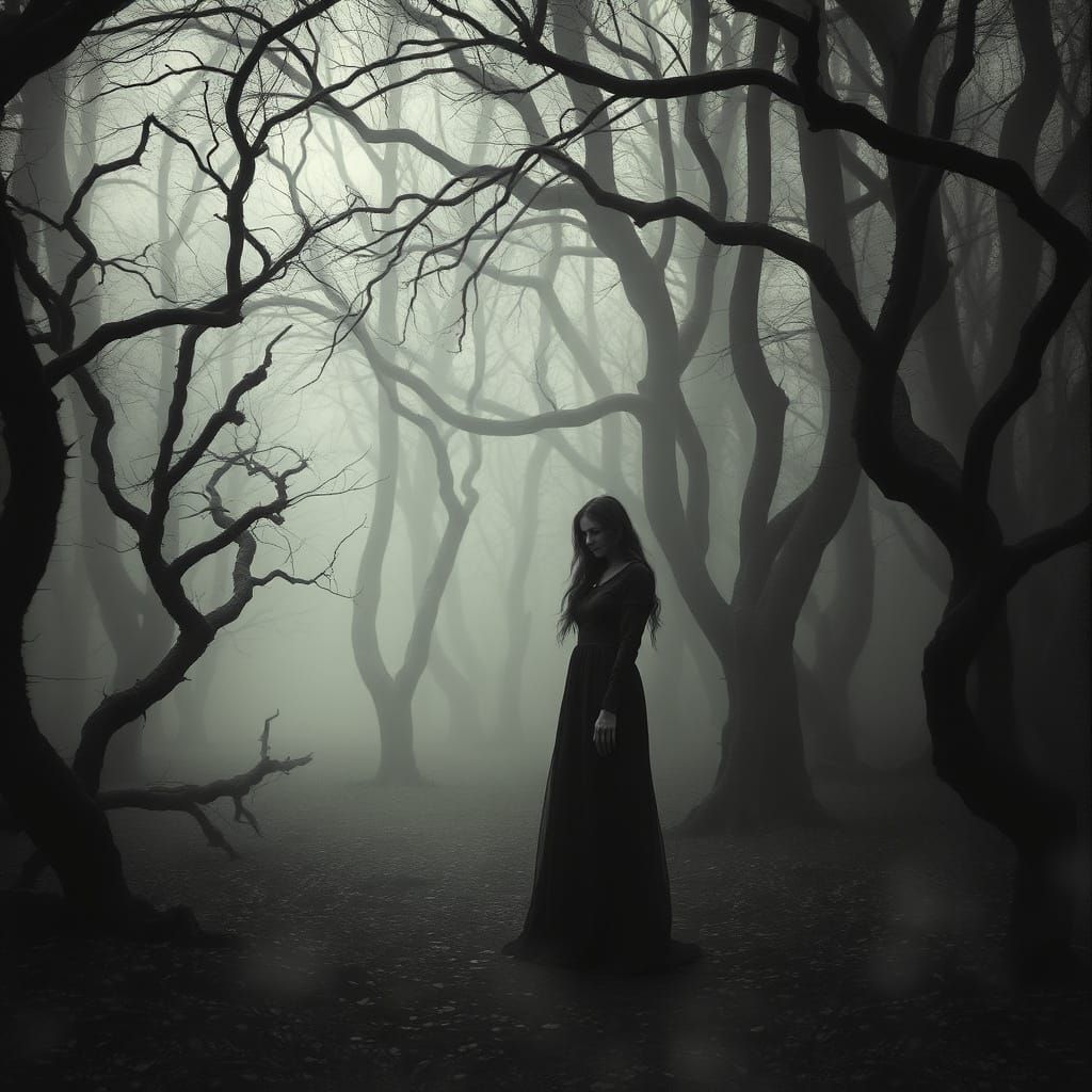 Surreal Woman in Twisted Forest, Mysterious and Melancholic