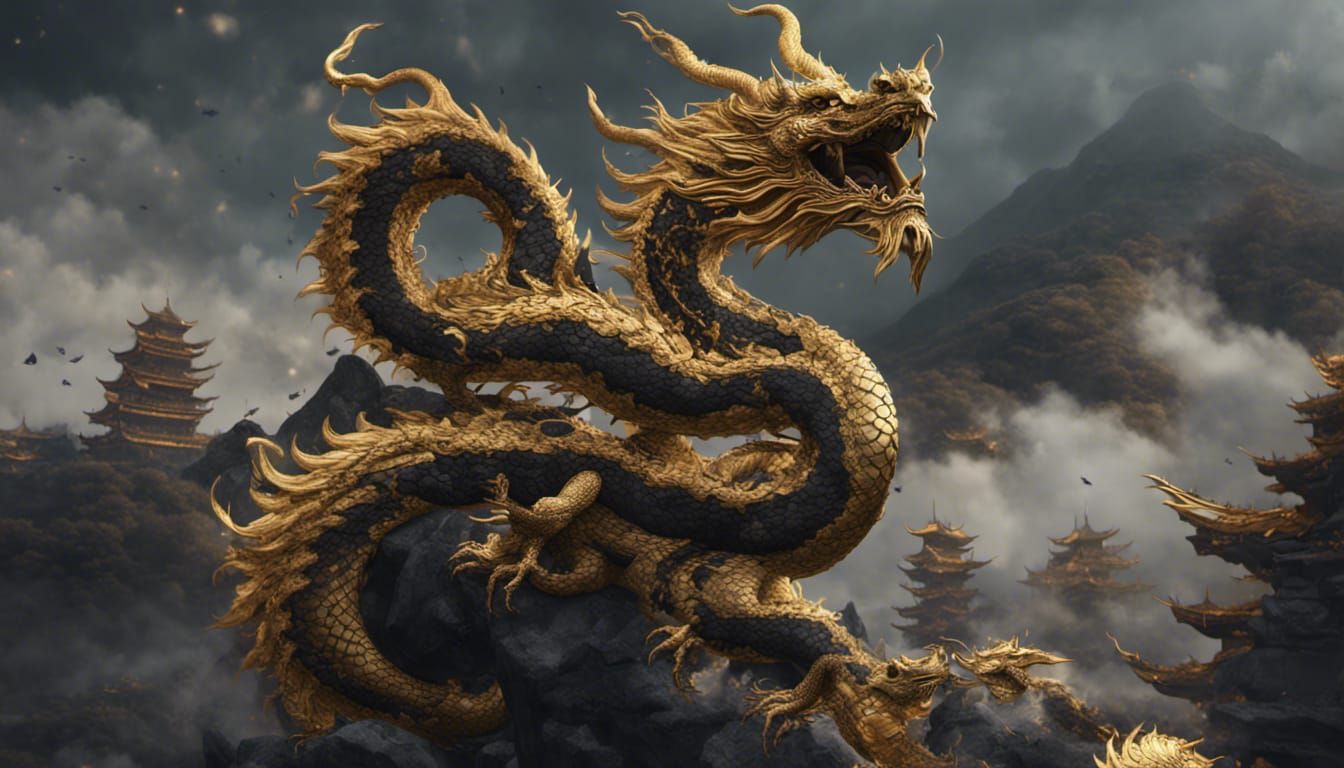 Detailed Gold and Black Japanese Dragon