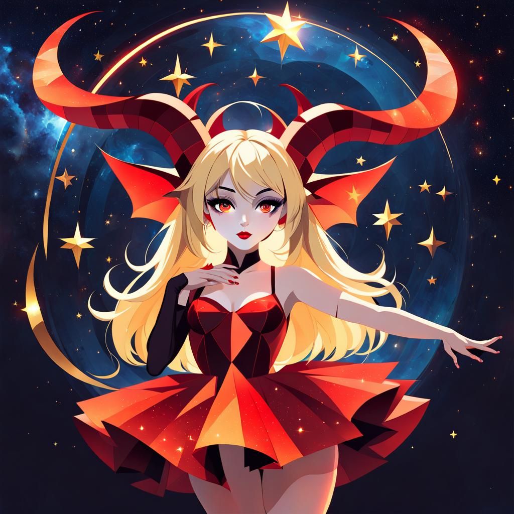 Ballet Dancer Silhouette with Devil Horns in Cubist Style