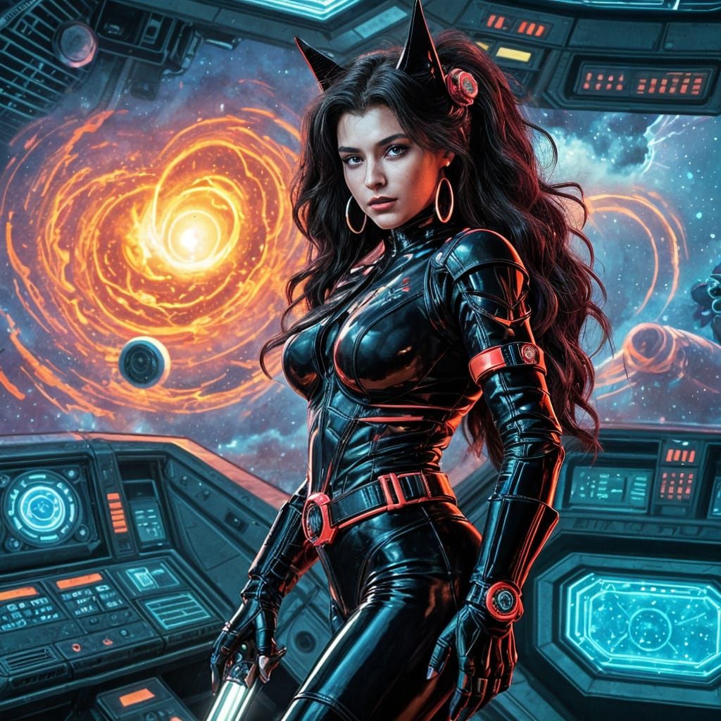 Space Pirate Queen on Starship Bridge in Sci-Fi Art Style