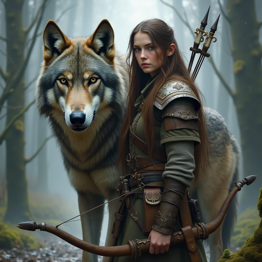 Half-Elf Hunter and Wolf in Misty Forest