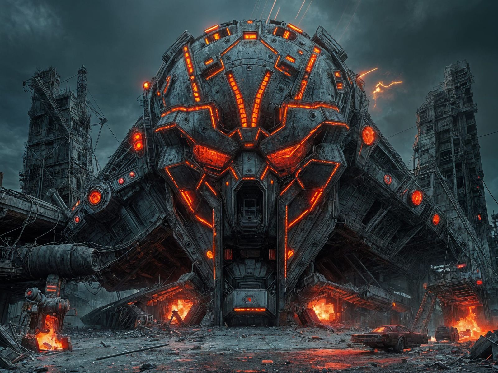 Cybernetic Abomination Rises from Ruin in a Neon-Lit Dystopi...