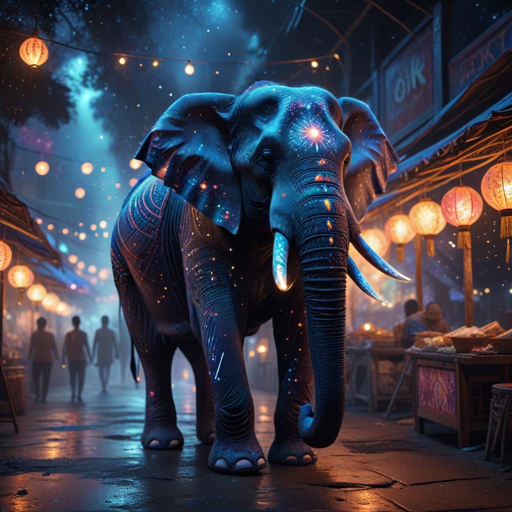 Batik Elephant in Neon Night Market