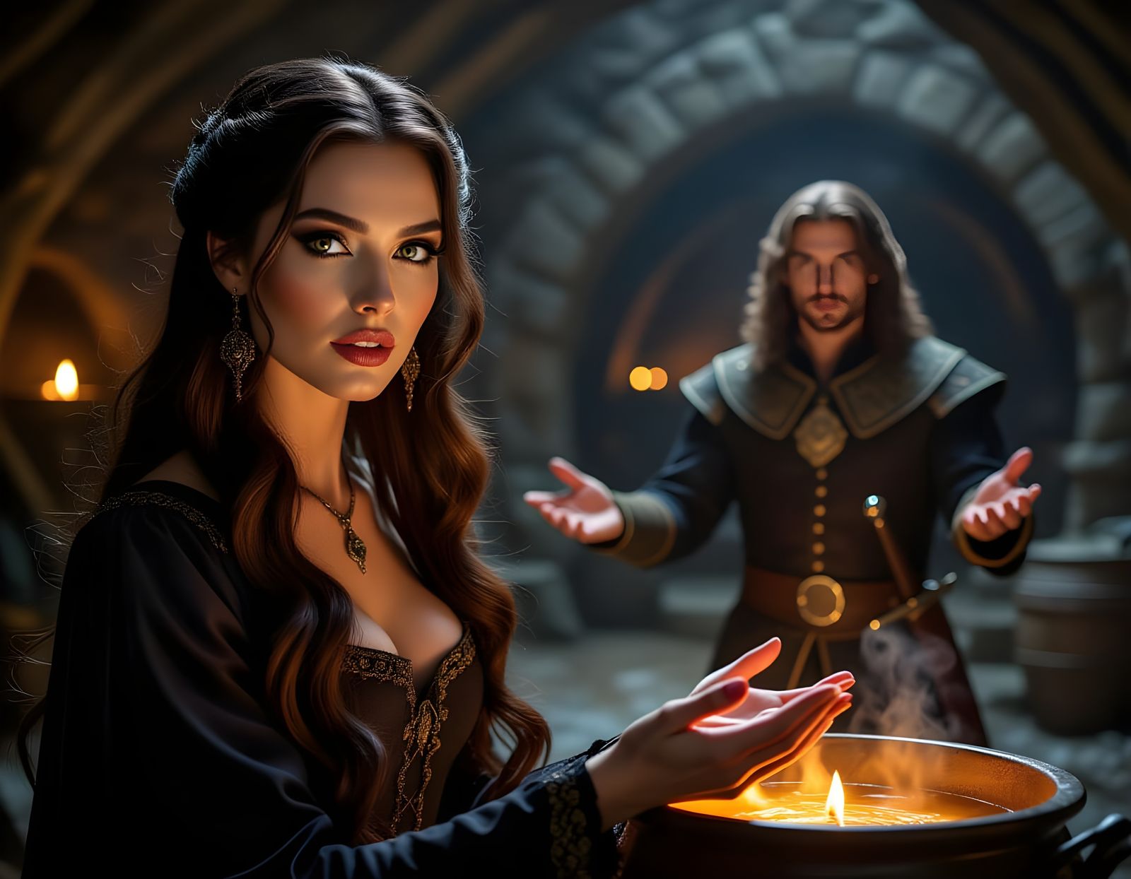 Beautiful Witch Ignores Supplicating Prince in Medieval Cave