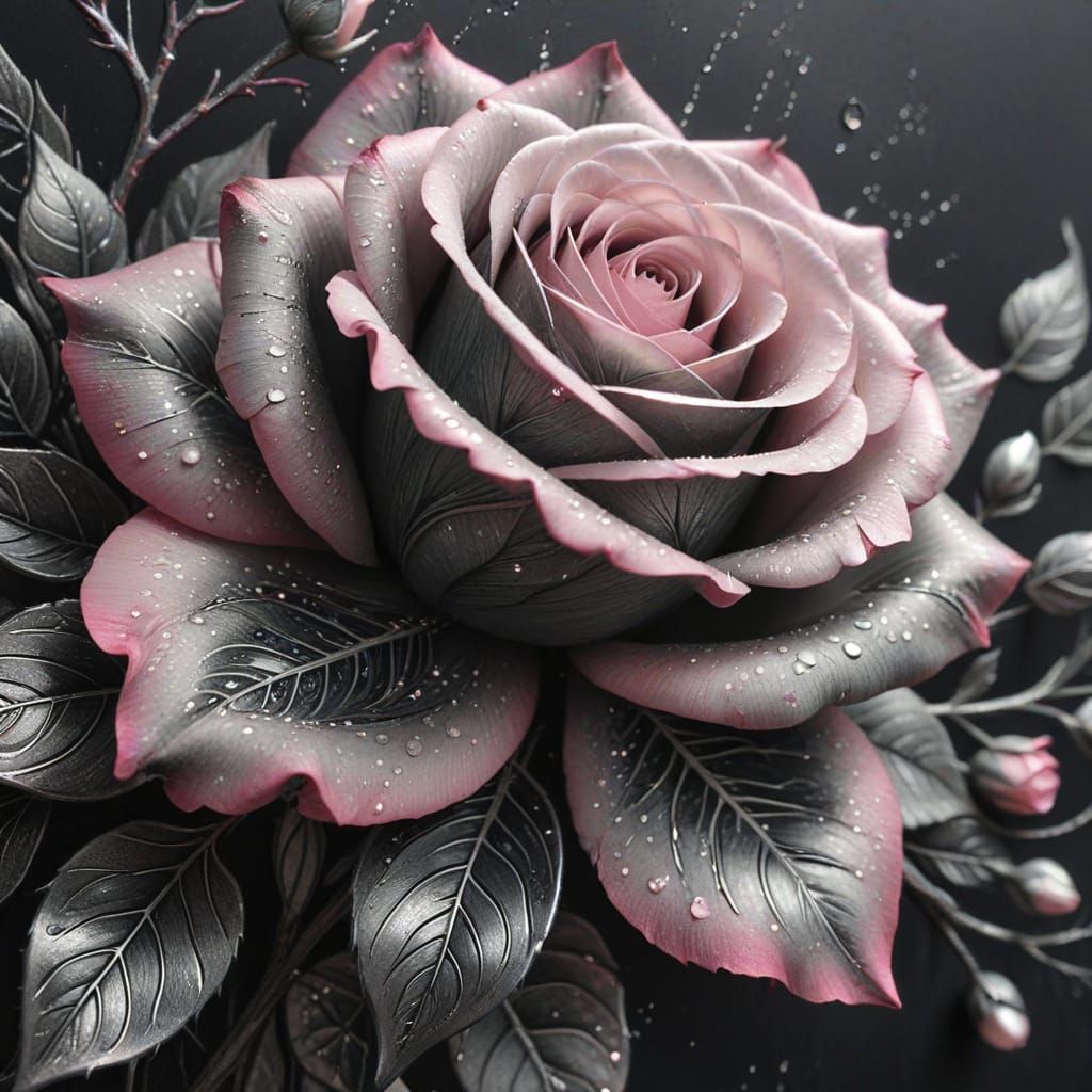 Intricate Charcoal Drawing of Gray Roses and Pink Pearls