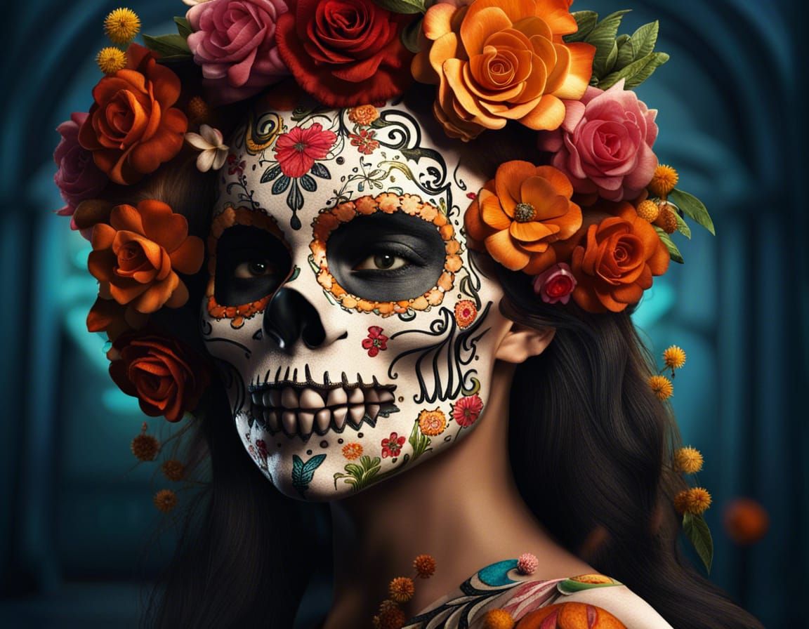 Floral Catrina Skull with Hyperrealistic Details