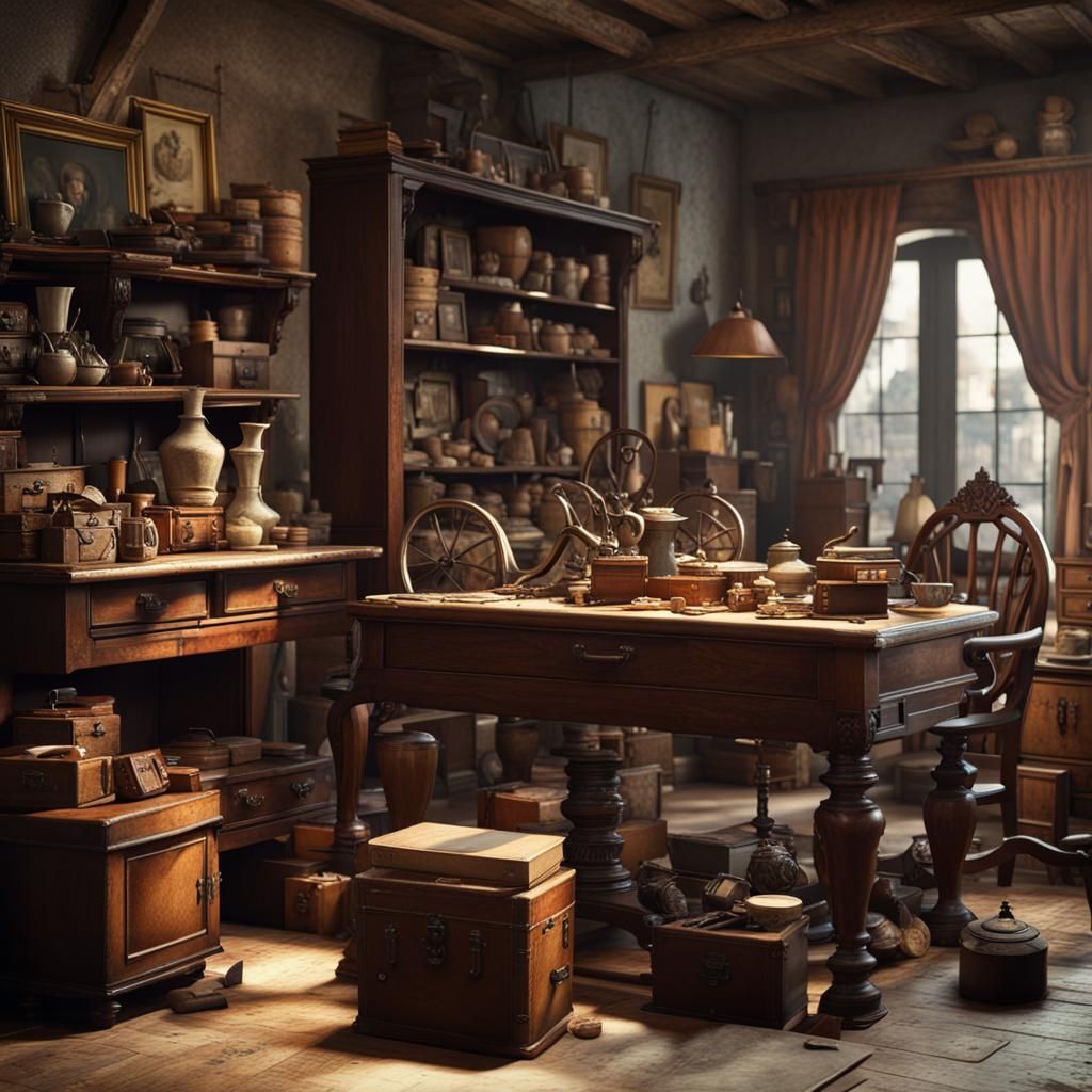 Brocante Dealer Surrounded by Antiques: 3D Render