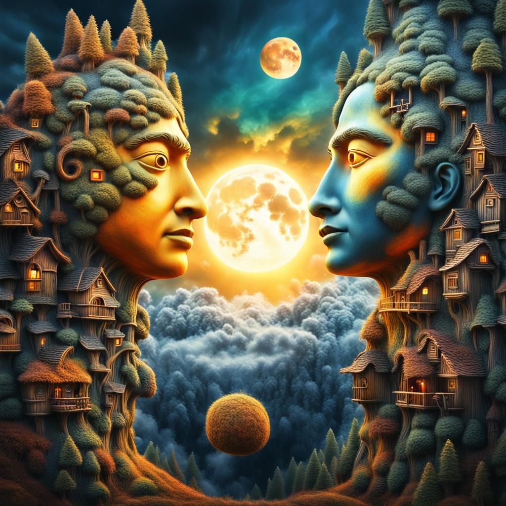 Surreal Forest Village Key Sculpture in Nebula Sky