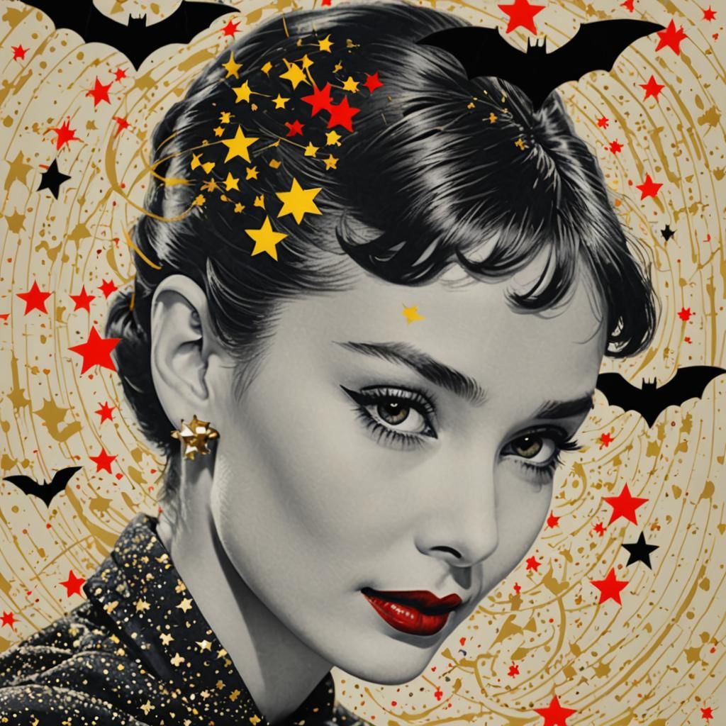 Audrey Hepburn Pop Art Portrait in Red and Gold