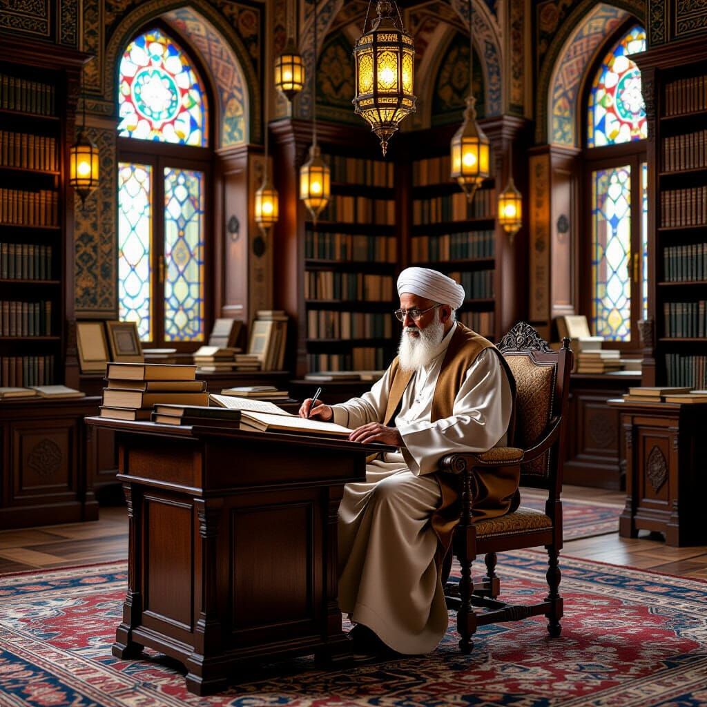 Islamic Scholar in Grand Library: Orientalist Style