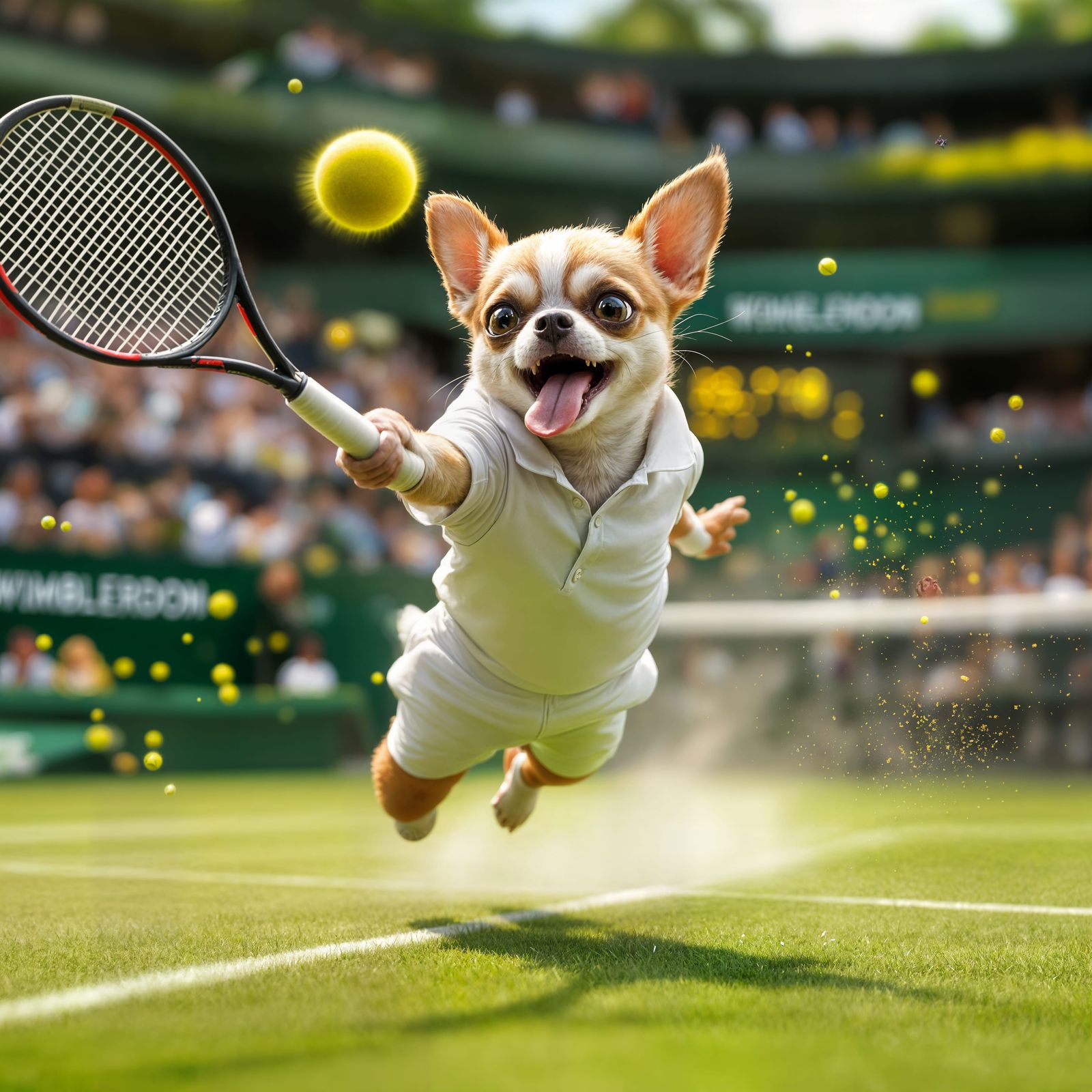 Hyperrealistic Chihuahua Tennis Smash in Wimbledon Whites