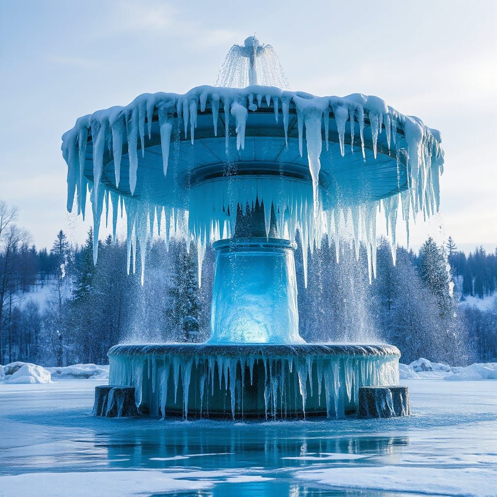 Frozen Fountain in Arctic Landscape with Ethereal Glow