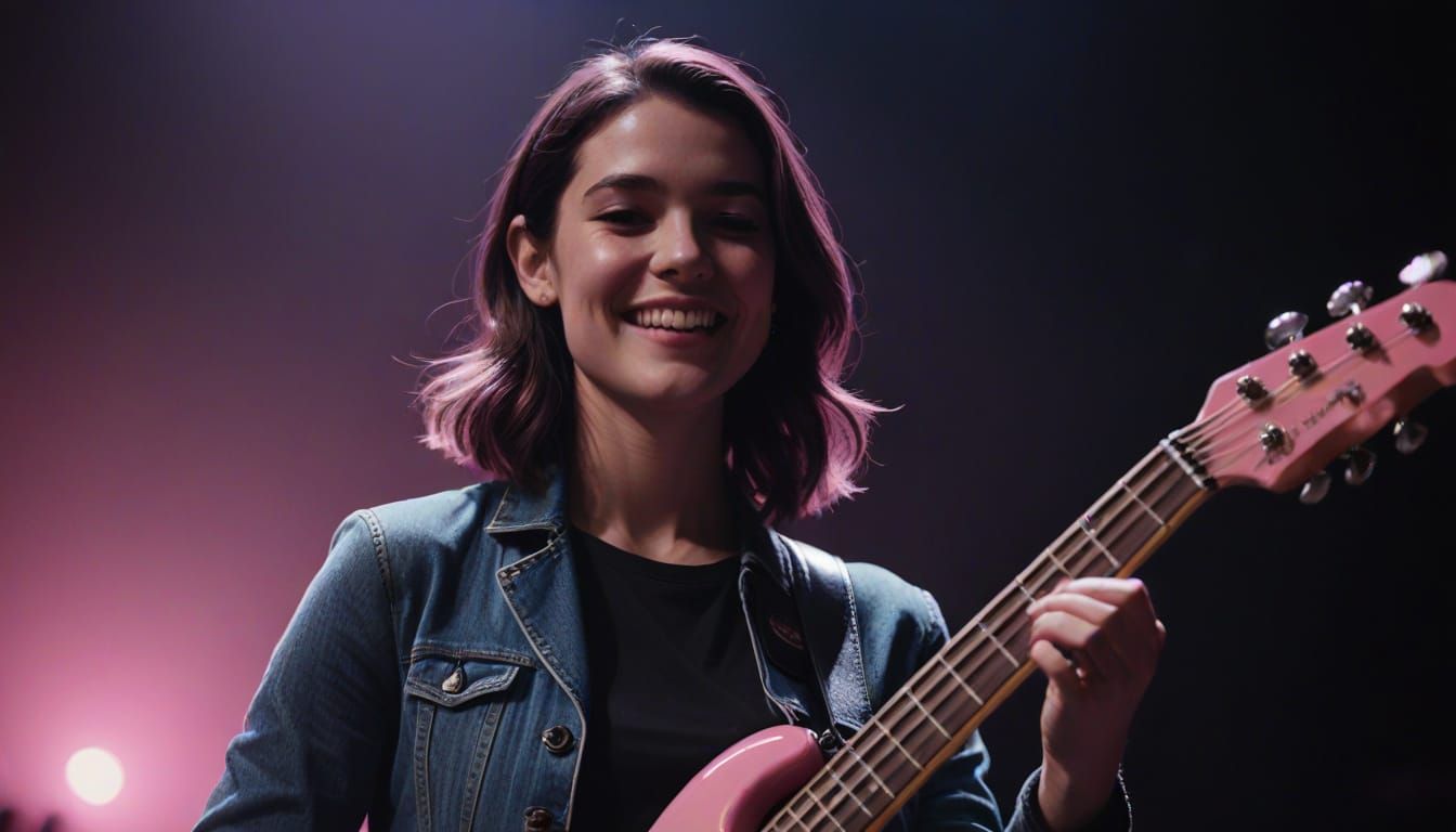 Young Woman Plays Pink Bass Guitar On Stage