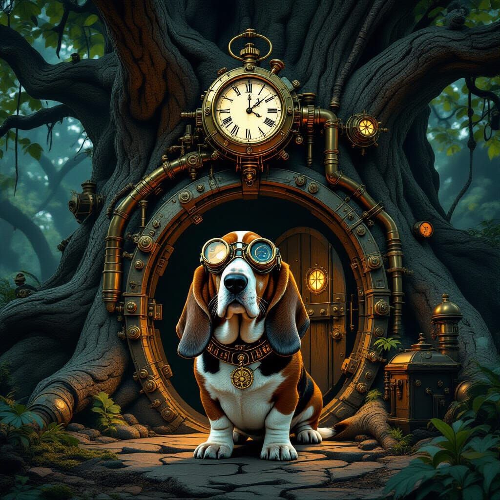 Steampunk Basset Hound Guards Tree Laboratory