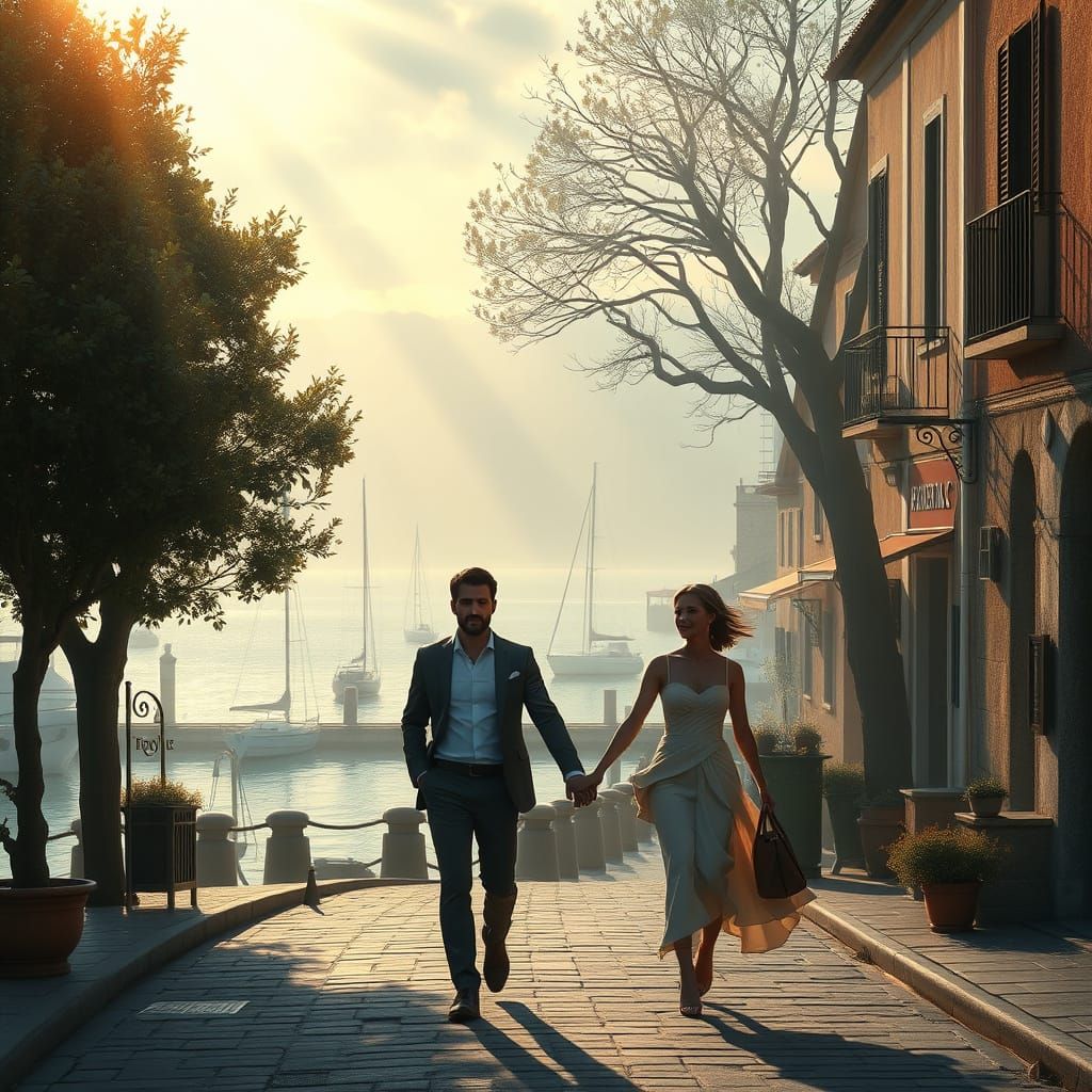 Couple Strolling Along Quaint Harbor Street in Village with ...