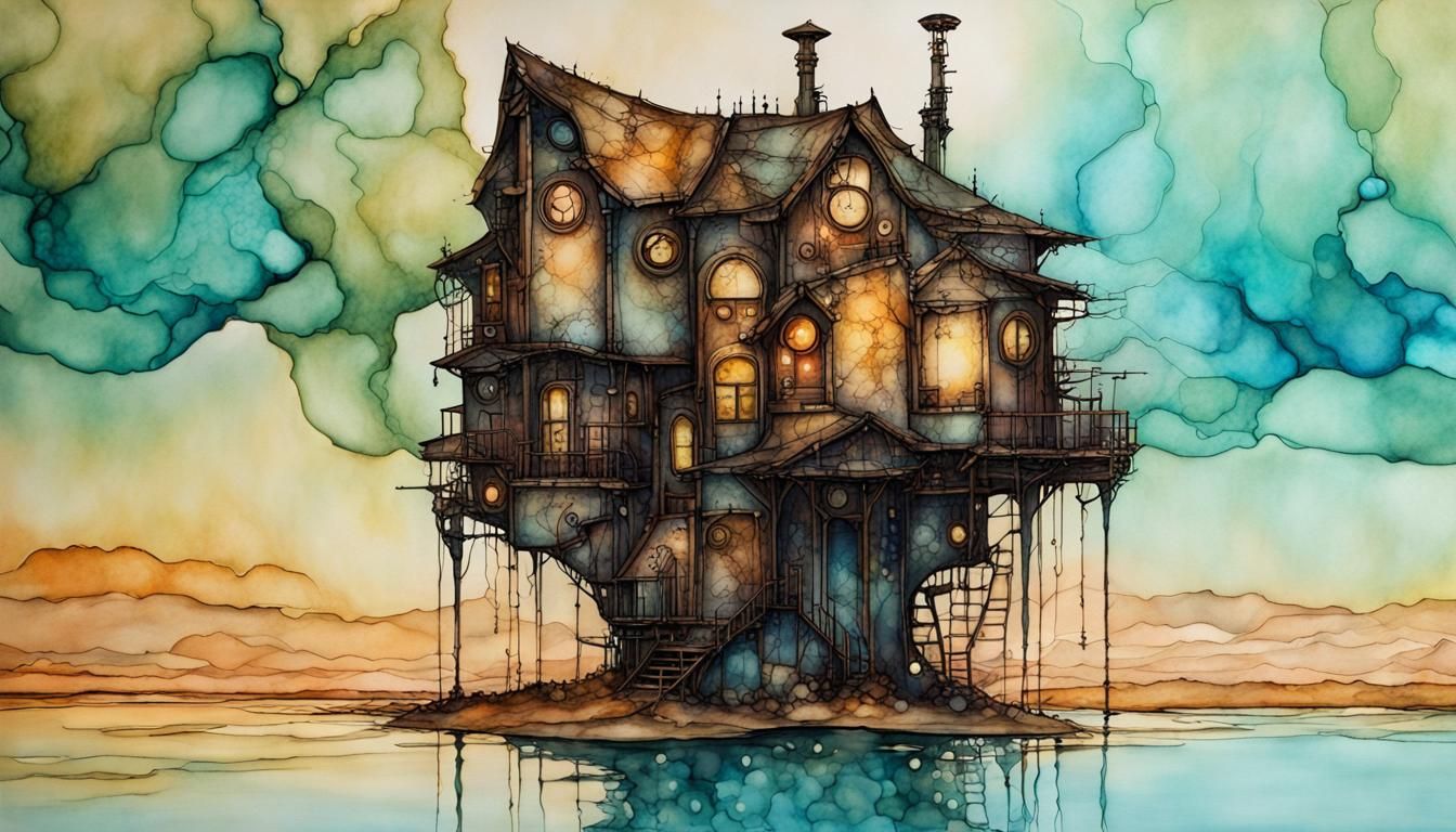Futuristic Steampunk House in Alcohol Ink Style