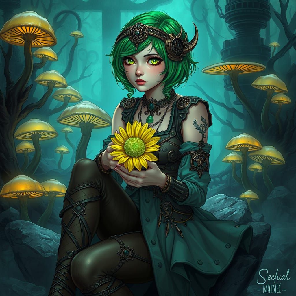 Steampunk Goddess Amidst Eerie, Glowing Fungi in a Haunting,...