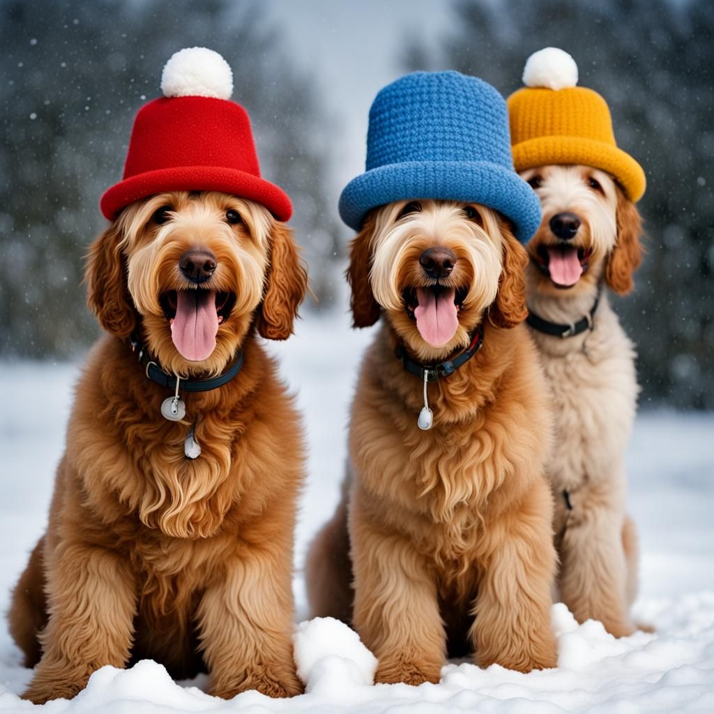 Golden Doodles in Hats Play in Snow: Portrait