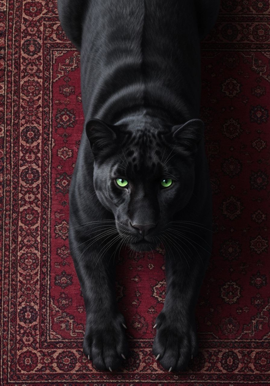 Black Panther on Oriental Rug in Hyperrealistic Style