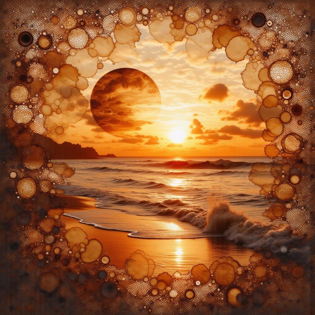Double Exposure Sunset Moon with Lace, Coffee Stain Art