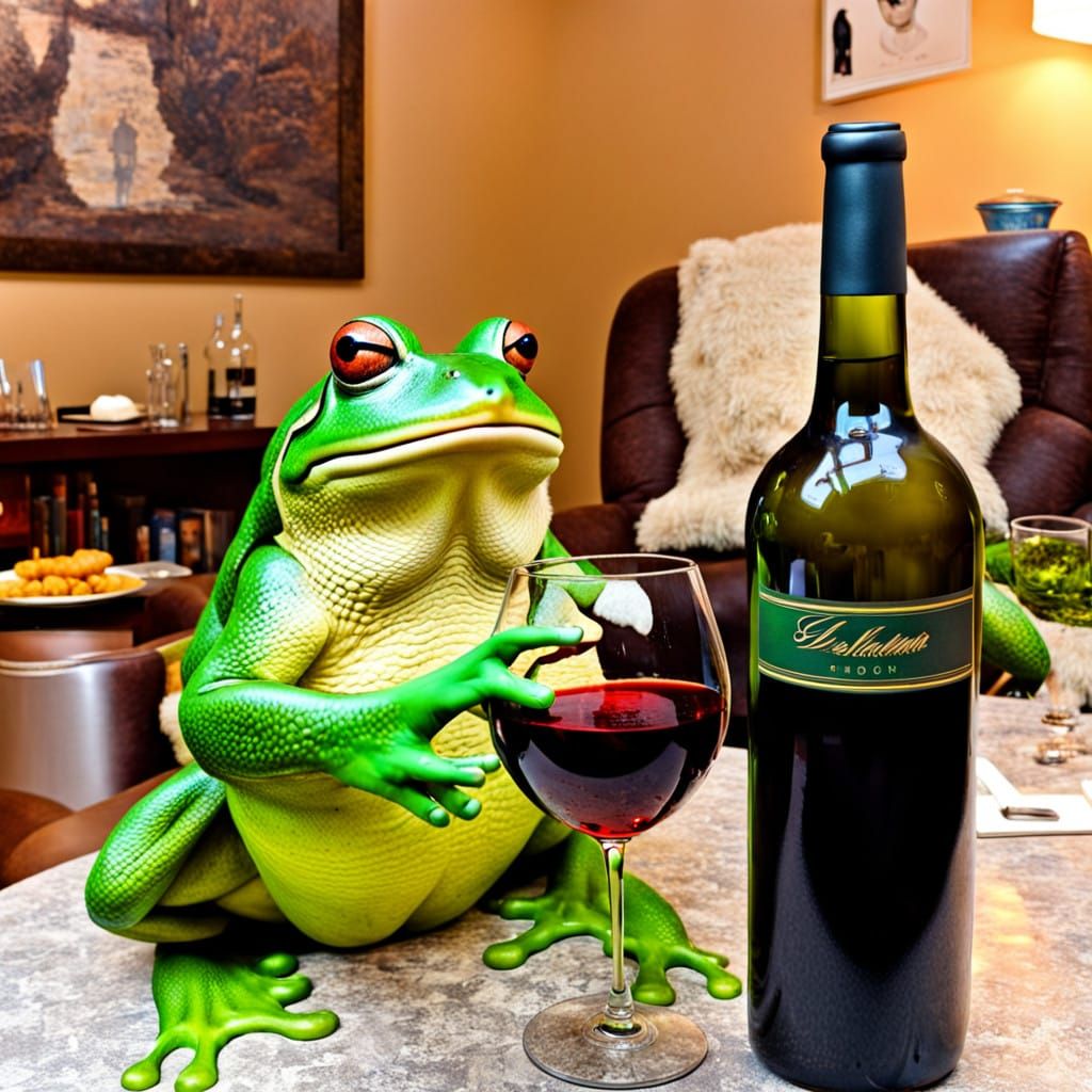 A Bullfrog Savoring Fine Wine with a Friend