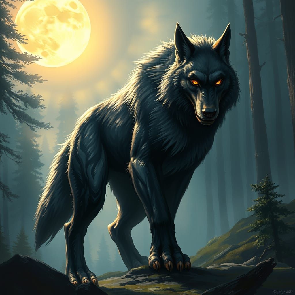 Werewolf in Moonlit Forest: Dark Fantasy Art