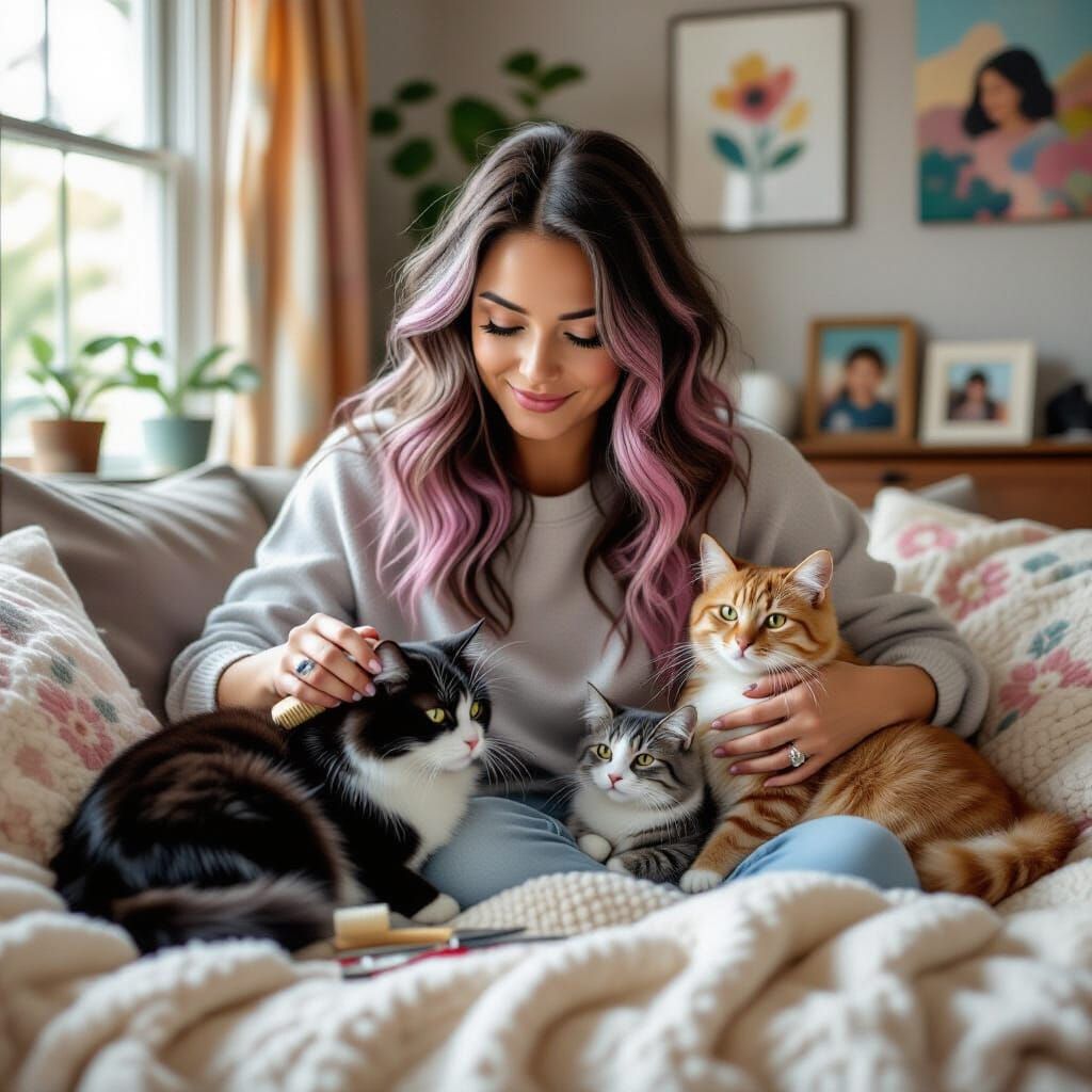 Woman Brushing Cats in Sunlit Living Room Photo