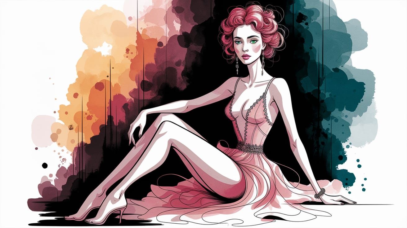 Fashion Sketch Portrait in Ink and Watercolor Wash