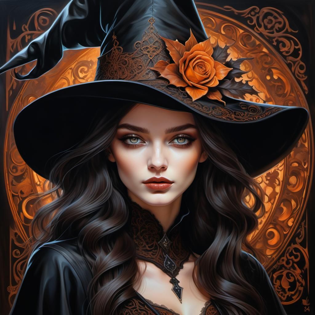 Sensual Young Witch Portrait in Digital Oil Painting Style