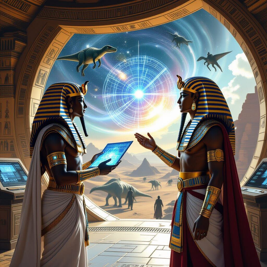 Cybernetic Pharaoh in Futuristic Observatory