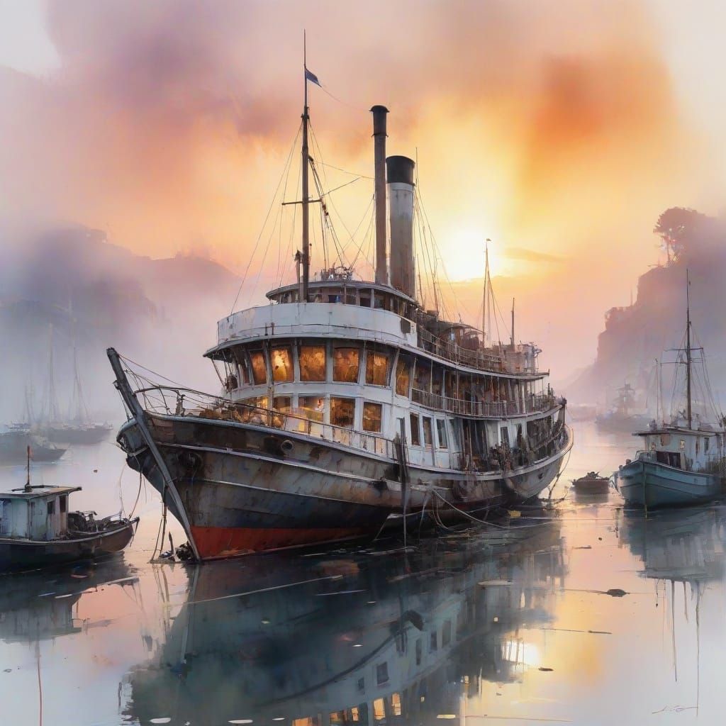 Surreal Watercolour Painting of Abandoned Steamboat in Foggy...