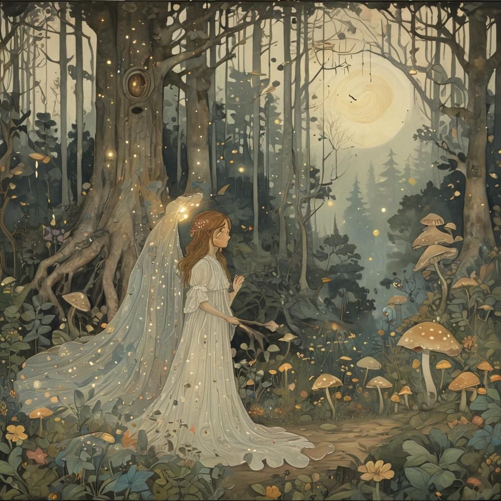 fairytale woodlands in the style of kay nielsen and Ivan Bilibin and Arthur Rackham and Edmund Dulac
