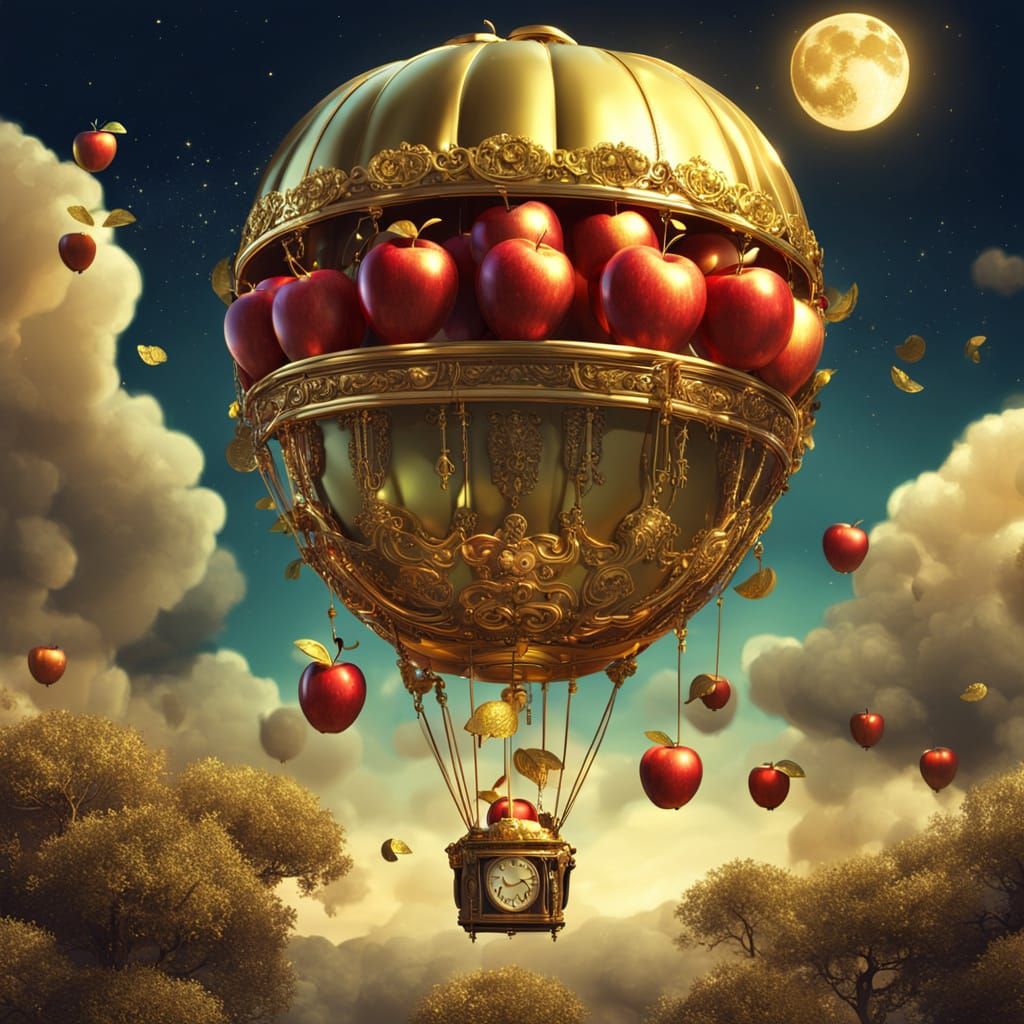 Apple in Golden Balloon Moon: Whimsical 3D Art